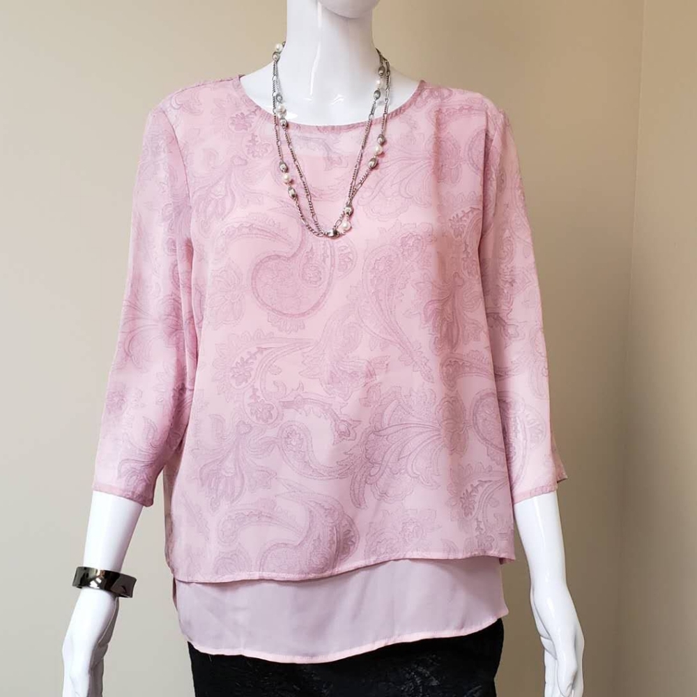 C.M. Shapes Soft Pink Paisley Double Layer Blouse Chiffon Style 3/4 Sleeve M